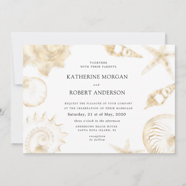 Convite de casamento azul ouro de praia (Frente)