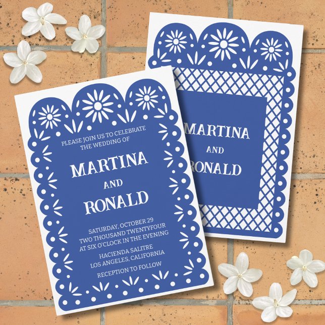 Convite de casamento azul papel picado mexicano (Criador carregado)