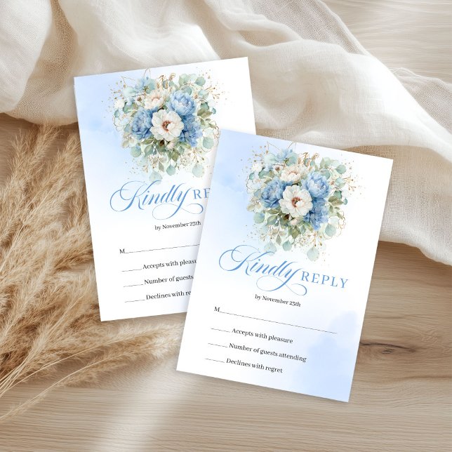 Convite de Casamento Azul Pastel Floral Eucalipto  (Minimal Blue White Flowers Gold Wedding RSVP)