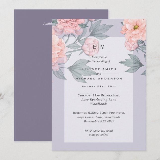 Convite de Casamento Azul Peônias Tomate Rosa Rece (Frente/Verso)