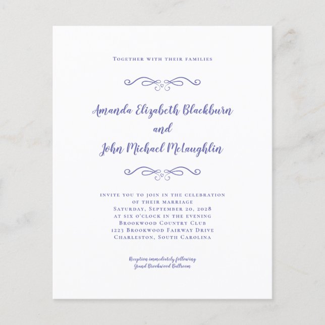 Convite de Casamento Azul Pervinca Elegante Orçame (Frente)