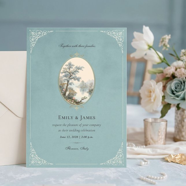 Convite de Casamento Azul Poeira Garça Francesa (Criador carregado)
