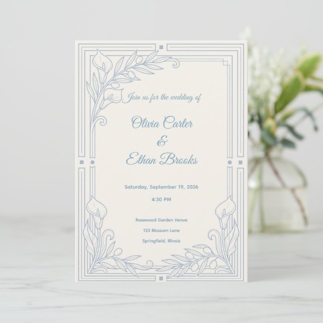 Convite de Casamento Azul Poeirento Elegante (Em pé/Frente)