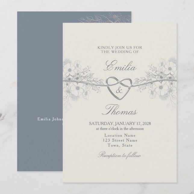 Convite de Casamento Azul Poeirento Elegante (Frente/Verso)