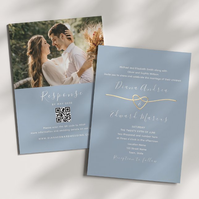 Convite de Casamento Azul Poento com Código QR (Criador carregado)