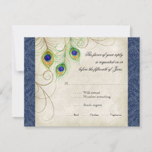 Convite de Casamento Azul Real com Penas de Pavão