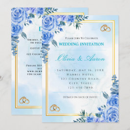 Convite de Casamento Azul Real e Dourado