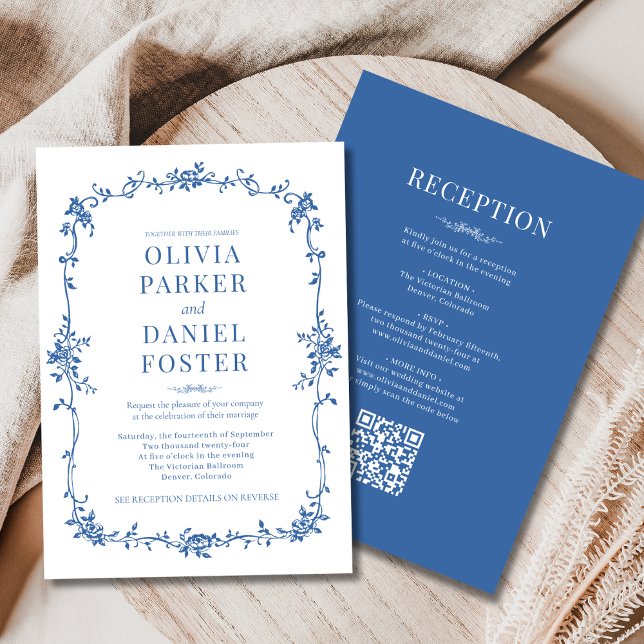 Convite de Casamento Azul Real Tudo em Um com QR C (Criador carregado)