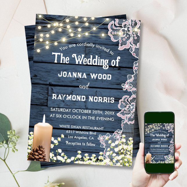 Convite de Casamento Azul Rústico com Luzes de Cor (Criador carregado)