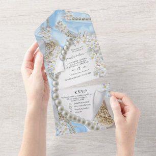 Convite de Casamento Azul Seda e Pérolas Tudo em U