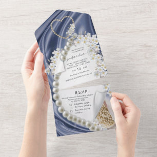 Convite de Casamento Azul Seda e Pérolas Tudo em U