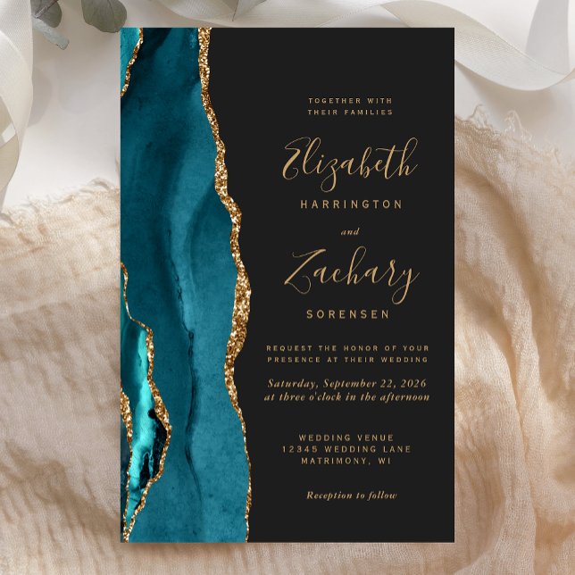 Convite de Casamento Azul Turquesa Ágata Dourada E (Criador carregado)