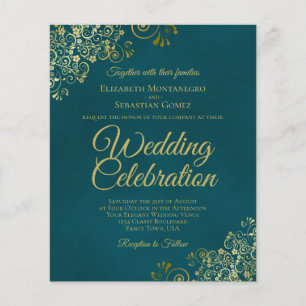 Convite de Casamento Azul Turquesa & Dourado Elega