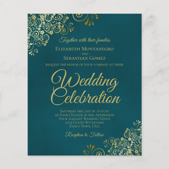 Convite de Casamento Azul Turquesa & Dourado Elega (Frente)