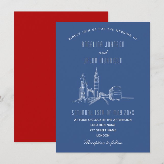 Convite de Casamento Azul Vermelho com a Silhueta  (Frente/Verso)