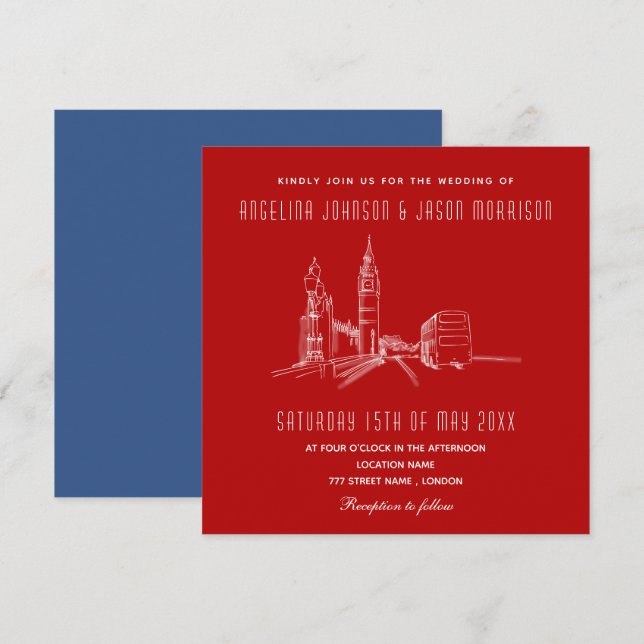 Convite de Casamento Azul Vermelho Londres (Frente/Verso)