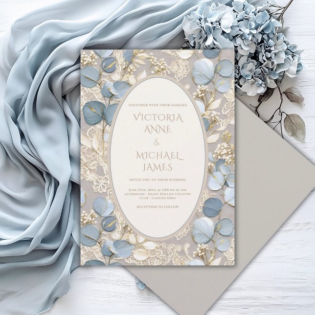 Convite de Casamento Azul Vintage Eucalipto Elegan (Criador carregado)