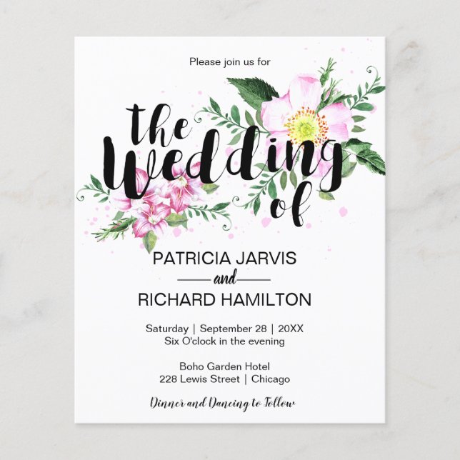 Convite de Casamento Barato com Aquarela Floral Ro (Frente)
