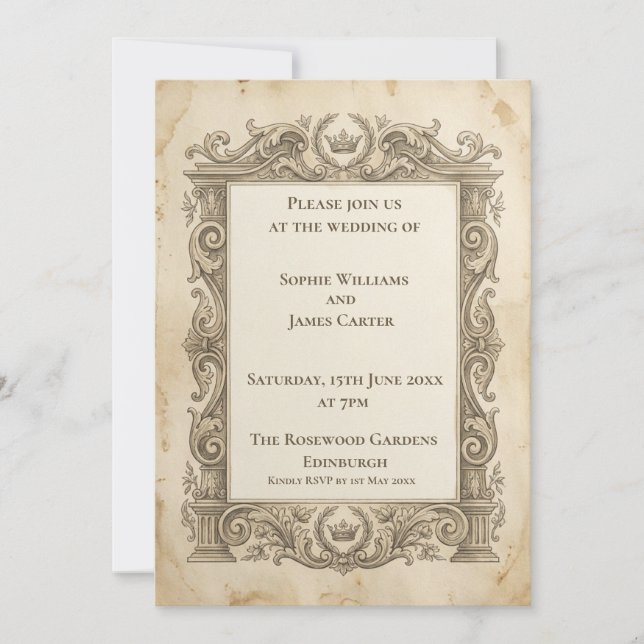 Convite de Casamento Barroco Cinza Vintage (Frente)
