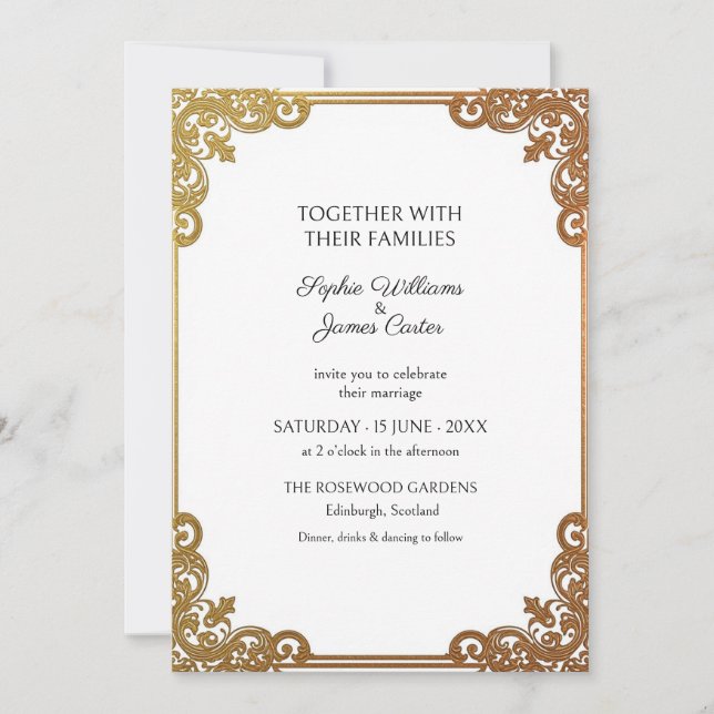 Convite de Casamento Barroco em Ouro Antigo Branco (Frente)