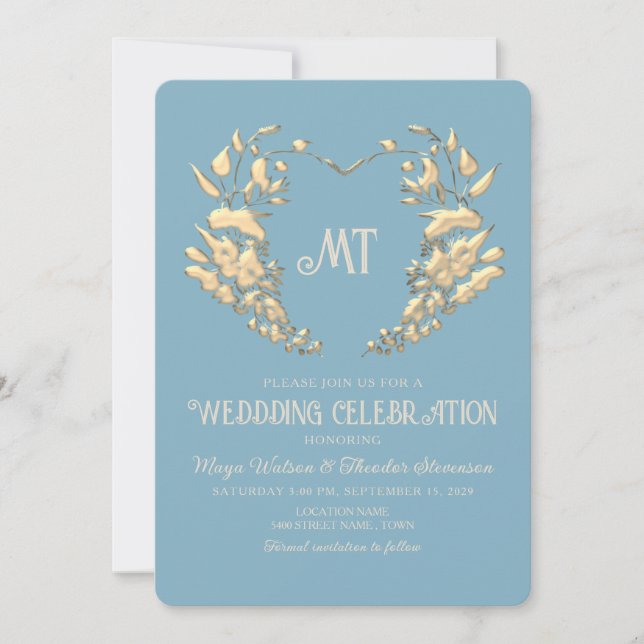 Convite de Casamento Barroco Monograma Azul Dourad (Frente)