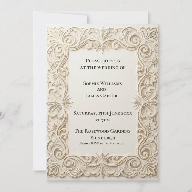 Convite de Casamento Barroco Ornamentado Marfim (Frente)