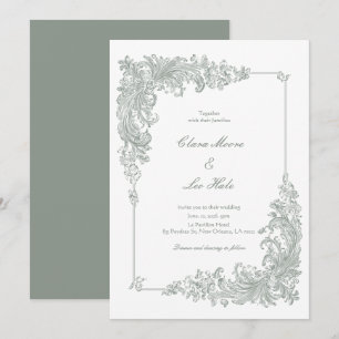 Convite de Casamento Barroco Verde Sage Elegante