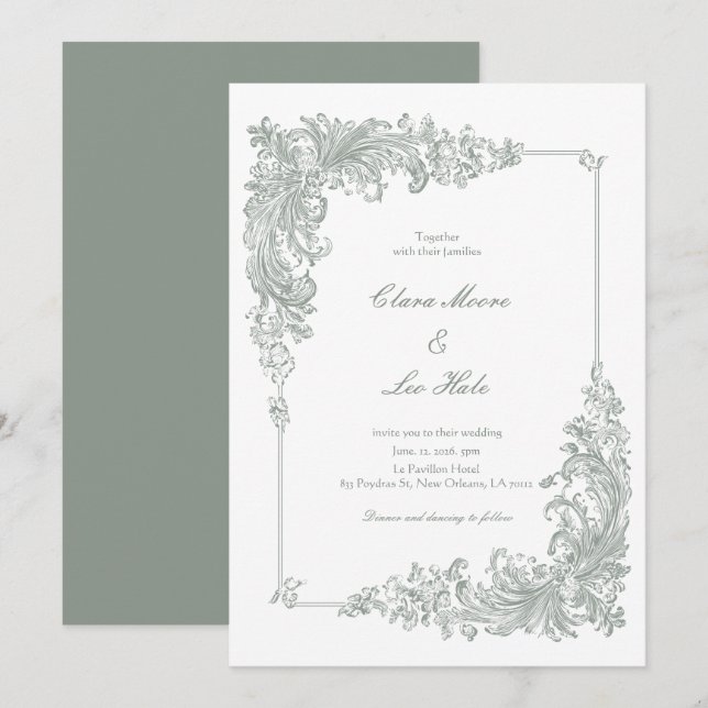 Convite de Casamento Barroco Verde Sage Elegante (Frente/Verso)