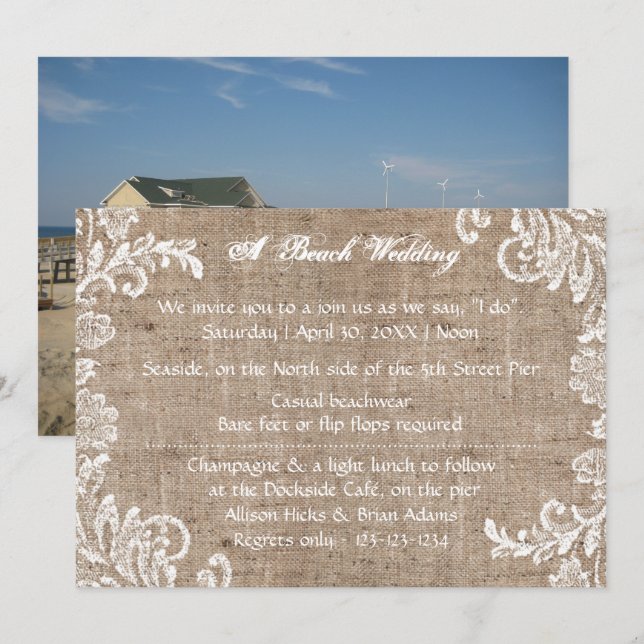 Convite de Casamento Beach Burlap & Lace (Frente/Verso)