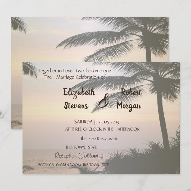 Convite de Casamento Beach Palms Sunset (Frente/Verso)