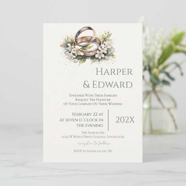 convite de casamento bege com anel (Em pé/Frente)