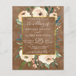 Convite de casamento bege dourado marrom floral or