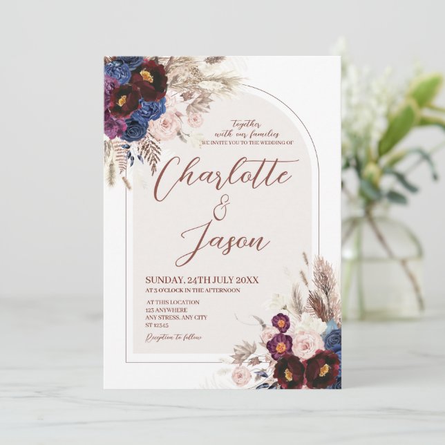 Convite de Casamento Bege Marinho Borgonha Blush (Em pé/Frente)