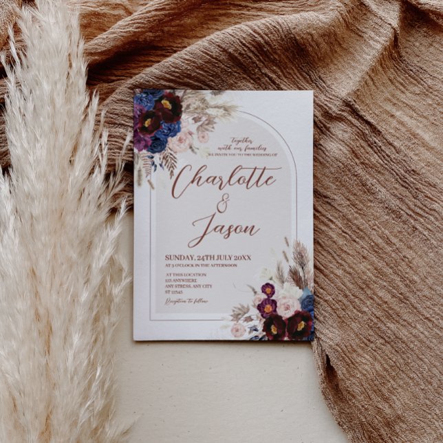 Convite de Casamento Bege Marinho Borgonha Blush (Burgundy Navy Maroon Blush Wedding Invitation Card)