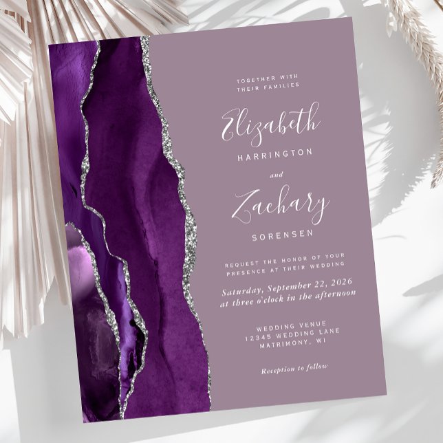 Convite de Casamento Bege Prata Ágata Roxo (Criador carregado)