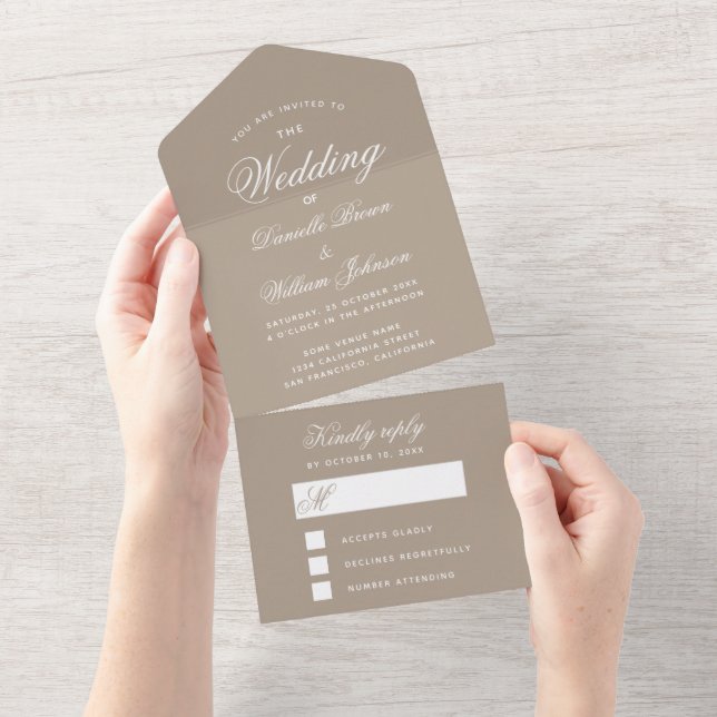 Convite de Casamento Bege Simples e RSVP Desmontáv (Tearaway)