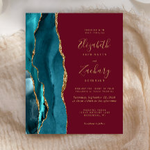 Convite de Casamento Bege Teal Ágata Burgundy com 