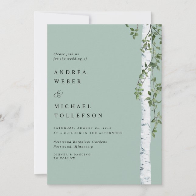 Convite de Casamento Bétula Aspen Verde Sage (Frente)
