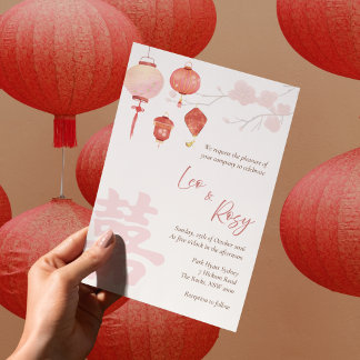 Convite de Casamento Bilíngue Chinês com Lanternas