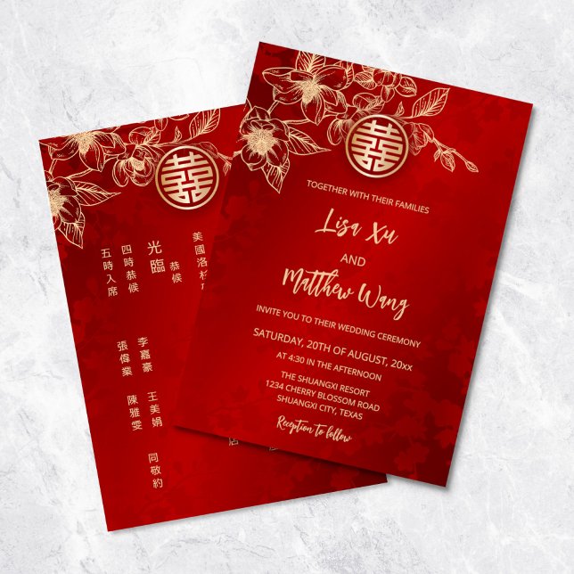 Convite de Casamento Bilíngue Chinês Inglês Magnol (Criador carregado)