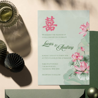 Convite de Casamento Bilíngue Verde Rosa Lótus