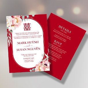 Convite de Casamento Bilingue Vietnamita Peony Son