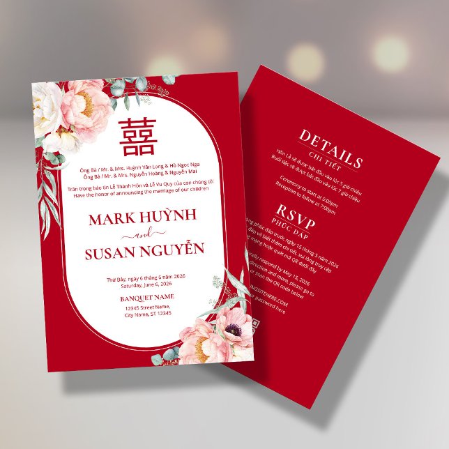 Convite de Casamento Bilingue Vietnamita Peony Son (Criador carregado)