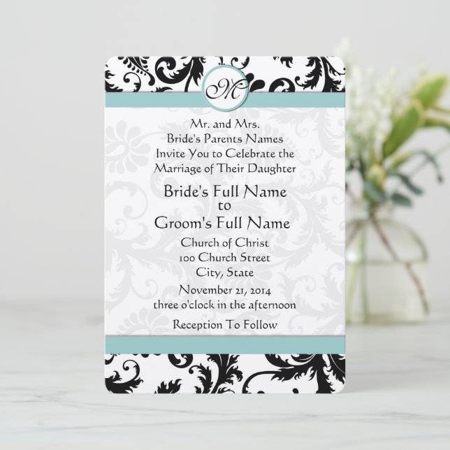 Convite de Casamento Black Damask Aqua Pool Azul (Em pé/Frente)