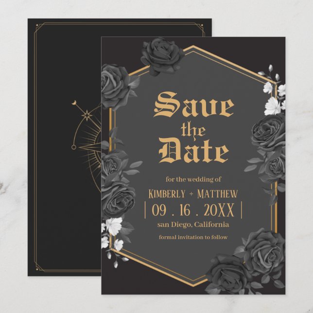 Convite de casamento Black damask rose Save The Da (Frente/Verso)