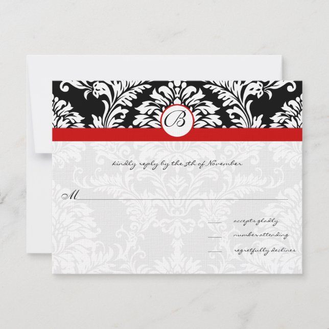Convite de Casamento Black Damask Swirls com Recor (Frente)