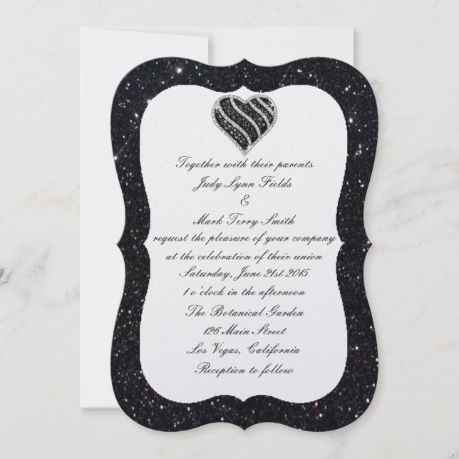 Convite de Casamento Black Glitter Black Heart (Frente)