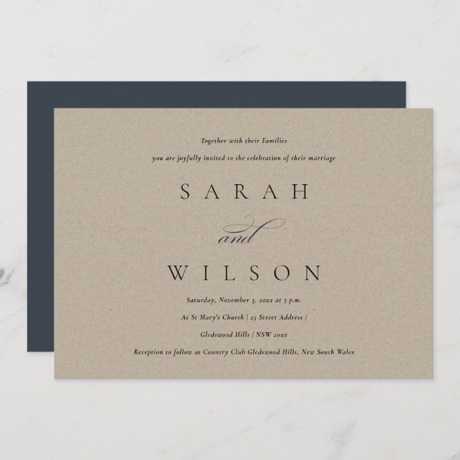 Convite de casamento Black Kraft com Script Elegan (Frente/Verso)