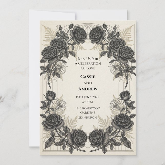 Convite de Casamento Black Rose Gold Fern (Frente)
