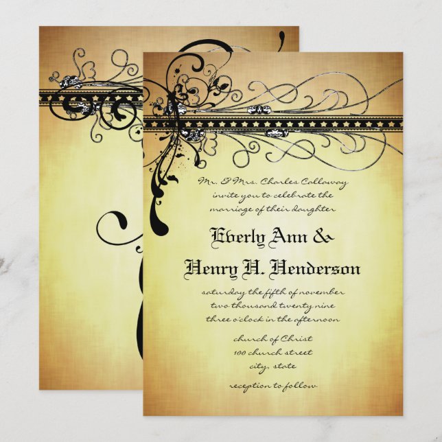 Convite de Casamento Black Rustic Medieval Swirls (Frente/Verso)